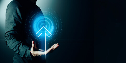 hand of businessman interactive touching a holographic of transaction financial network data...