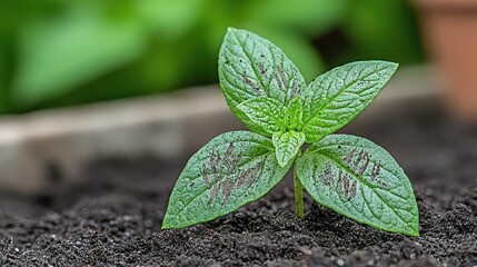 Naklejka premium Vibrant Green Seedling Emerging from Dark Soil