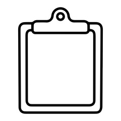 Outline style image depicts a blank clipboard, with no document attached or content visible, denoting an empty record, a clean slate, or a new form ready for use. Related to blank canvas for planning