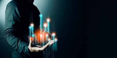 hand of businessman interactive touching a holographic of transaction financial network data...
