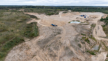 Aerial View of Sand Quarry with Machinery and Forest