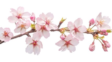 Naklejka premium Delicate Cherry Blossom Branch with Pink Flowers and Buds Perfect for Spring and Nature Themes in Stock Photography