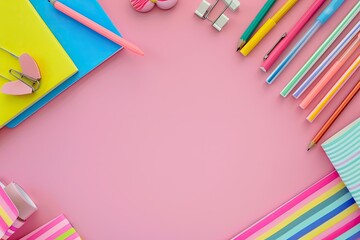Vibrant Color Picture of Flat Lay of Colorful Stationery on a Pink Striped Background