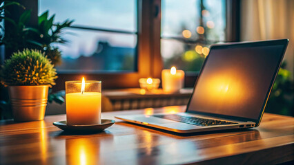 Cozy Evening Atmosphere Laptop, Candles, and Plants on Wooden Table