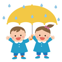 雨降りで傘をさした男の子と女の子