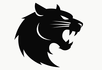 Obraz premium Dynamic black silhouette of a roaring panther head in profile, a powerful minimalist icon for a sports team mascot, fierce logo design, or athletic brand. 