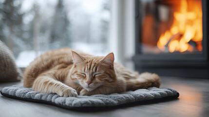 Sleeping Cat by the Fireplace. A ginger cat peacefully rests on a cozy mat in front of a warm fireplace, a winter scene outside the window.