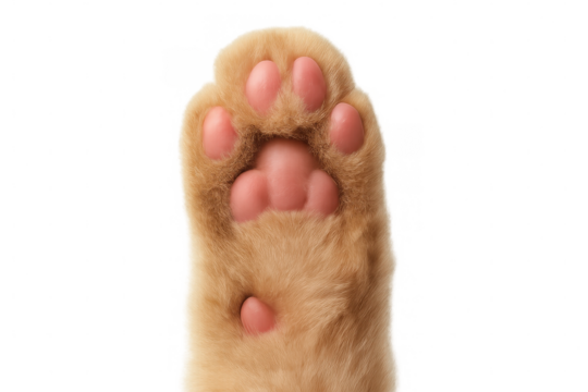 Ginger cat paw close-up revealing soft pink toe beans against transparent backdrop, highlighting furry texture and detail