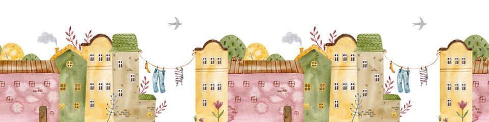 Cute seamless watercolor border pattern with colorful houses, trees, and clouds. rchitectural seamless border pattern. Ideal for children prints, nursery decor, fabric, and stationery.