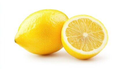 Fresh Bright Yellow Lemon with a Half Cut Revealing Juicy Segments on a White Background Perfect for Culinary and Health Related Themes