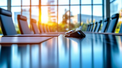 Modern corporate meeting room with large conference table, high-end audiovisual technology, ergonomic chairs, and bright professional office interior for business presentations and teamwork collaborat