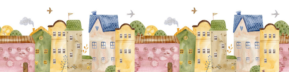 Cute seamless watercolor border pattern with colorful houses, trees, and clouds. rchitectural seamless border pattern. Ideal for children prints, nursery decor, fabric, and stationery.