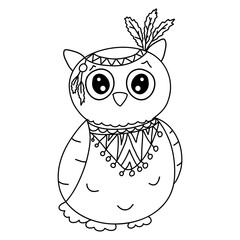 Owl in Indian costume, feather decor, black outline