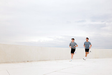 Two Runners Enjoying a Brisk Jog Along a Minimalist Pathway Under a Cloudy Sky During Early Morning...