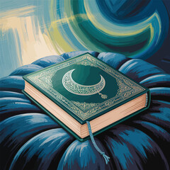 Artistic rendering of the quran featuring a crescent moon symbol and intricate golden embellishments resting on a textured blue surface