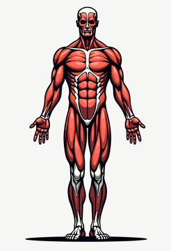 Detailed ecorche illustration of the human muscular system, an anatomical chart showing anterior view muscles for medical students, fitness, and science education.
