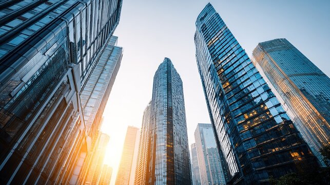 Low angle view of multiple modern, glass-clad skyscrapers against a bright sky