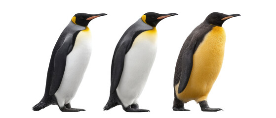 Fototapeta premium Three penguins showcasing different poses and colors against a transparent background