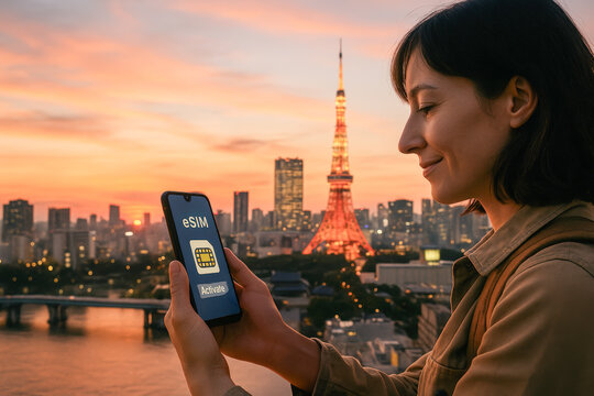 High-Resolution Ultra-Realistic Image of Female Traveler Activating eSIM on Phone at Sunset Over Tokyo Skyline – Ideal for Travel eSIM Services, Mobile Connectivity, International Roaming Solutions