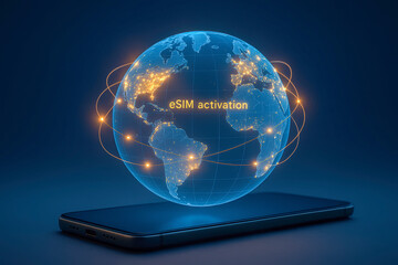 High-Resolution Ultra-Realistic Digital Illustration of Glowing Earth Hologram Floating Above Smartphone with &ldquo;eSIM Activation&rdquo; Text &ndash; Ideal for Global Telecom Marketing, Digital Connectivity Services