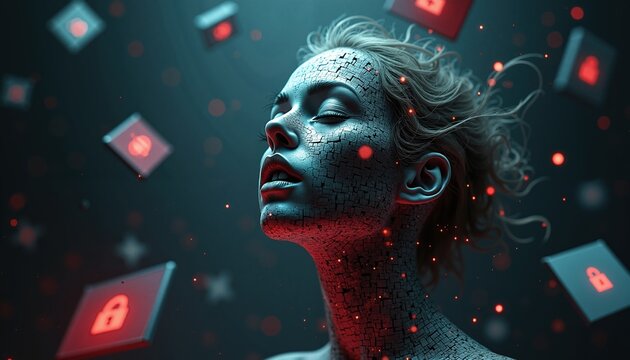 Cracked digital woman face surrounded by floating lock icons. Use for tech issues related to cybersecurity, digital theft, identity, and hacking related content. - Powered by Adobe