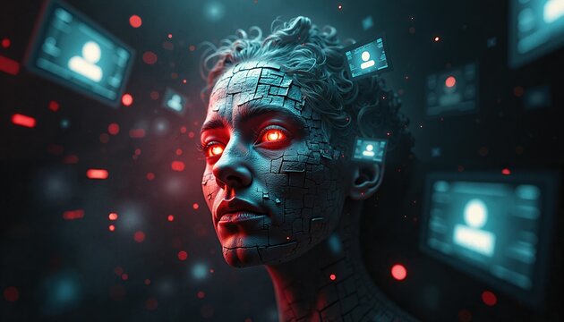 Glowing-eyed cracked AI woman surrounded by user ID screens. Use for tech issues related to cybersecurity, digital theft, identity, and hacking related content.