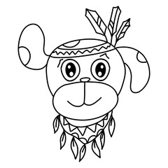 cute indian dog with feathers on head and smile on face, black outline