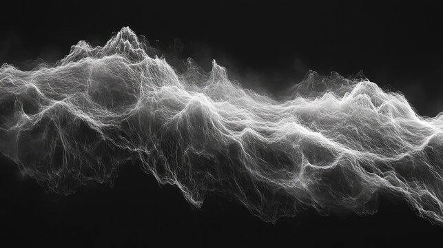 Abstract monochrome wave patterns with flowing lines and luminous textures creating a dramatic visual effect ideal for backgrounds and artistic designs.