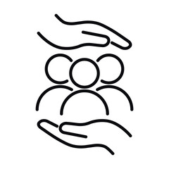 Safe people symbol. Hand holds people. Outline vector icon