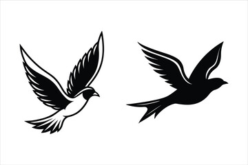 Two Black and White Birds in Flight Stylized Bird Illustrations