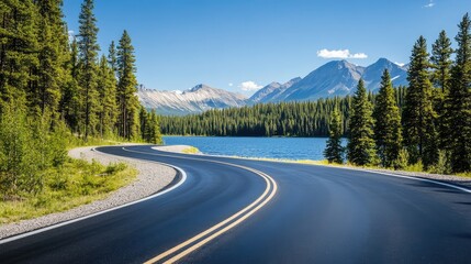 Fototapeta premium Serene Curved Road Along Tranquil Lake Surrounded by Lush Green Forest and Majestic Mountains Under Clear Blue Sky in a Scenic Landscape