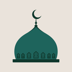 Islamic mosque dome with a crescent moon illustration in teal and green colors depicting cultural architectural design with decorative elements and religious symbolism on a beige backdrop.