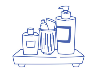 Doodle vector of a wooden bathroom shelf with hygiene essentials shampoo, glass with toothbrush and toothpaste. Hand-drawn blue outline, simple self-care and oral health concept.
