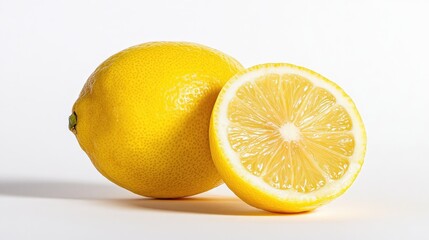 Fresh Yellow Lemon with Bright Zesty Color Showcasing Whole Fruit and Half Citrus Slice on White Background Perfect for Culinary or Healthy Lifestyle Themes