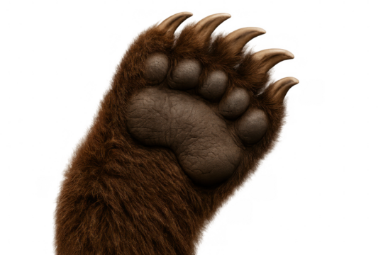 Powerful brown bear paw revealing razor-sharp claws, detailed close-up against transparent background highlighting predatory anatomy