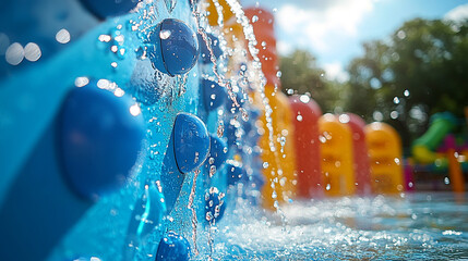 Water cascading down play structure at park splash pad
