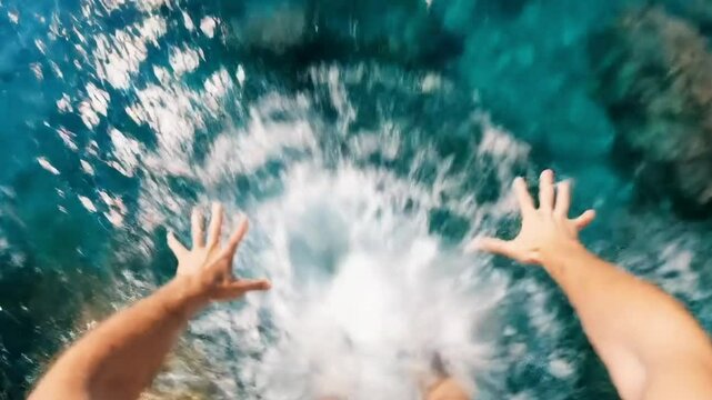 A Thrilling First-Person Perspective of a Daring Cliff Jump into Azure Ocean Waters