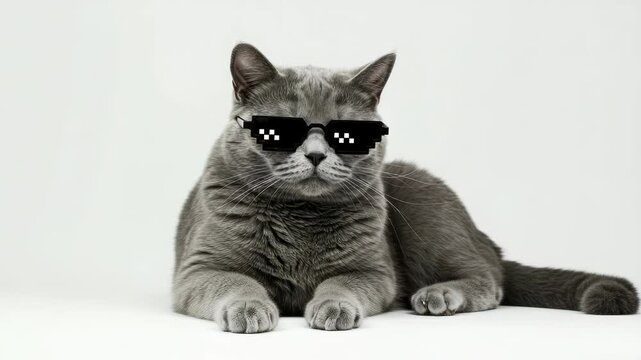 Funny cat with pixel glasses relaxing on a white background video footage clip