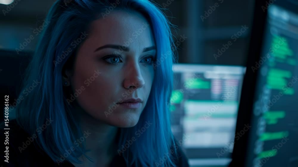 Poster a woman with blue hair views a computer screen, focused on code. programmer or hacker concept of dig