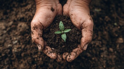 Hands holding soil with a small green plant seedling growing in the center of the soil pile view from above on transparent background