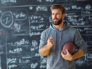 Coach discussing game strategies while holding a football in training room