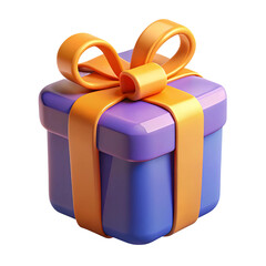 Purple gift box with orange ribbon isolated on transparent background
