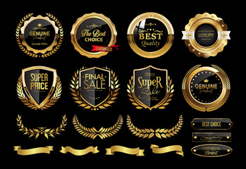 Golden luxury labels and banners, gold badge vector .premium quality certificate seal ribbons, Shield, VIP, super quality sticker tags and banners for best product seals, top no 1 brand golden crown