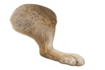 Furry rabbit hind leg close-up, soft detailed texture revealing animal's delicate paw on clean white backdrop