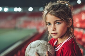 Cute little girl player holding a football in the stadium.