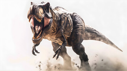 A ferocious tyrannosaurus rex roaring with its mouth wide open against a bright white background