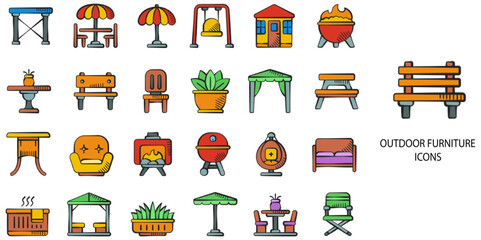 Outdoor Furniture simple concept 24 hand drawn color icons set .Vector illustration.	