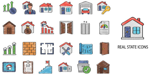 Real Estate simple concept 24 hand drawn color icons set .Vector illustration.	