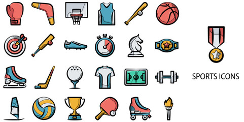 Sports simple concept 24 hand drawn color icons set .Vector illustration.	