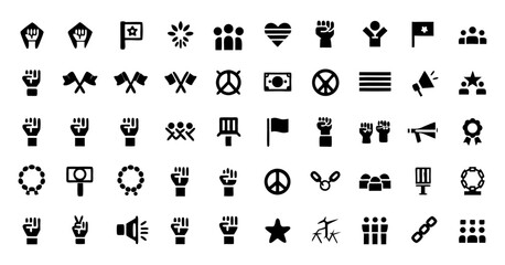 Fototapeta premium Protest and Activism Line Icon Set – Thin Linear Vector Symbols of Clenched Fists, Placards, Crowds, Marches, Megaphones, Broken Chains, and Peaceful Demonstration Elements